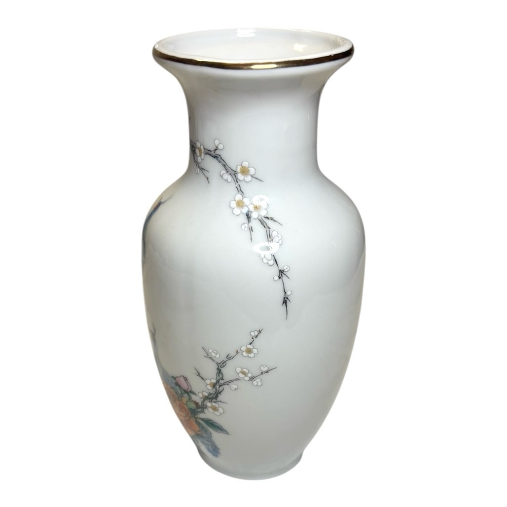 Fine China Japan Porcelain Vase Peacock Cherry Blossom White Gold Trim Floral 6” - Picture 3 of 7
